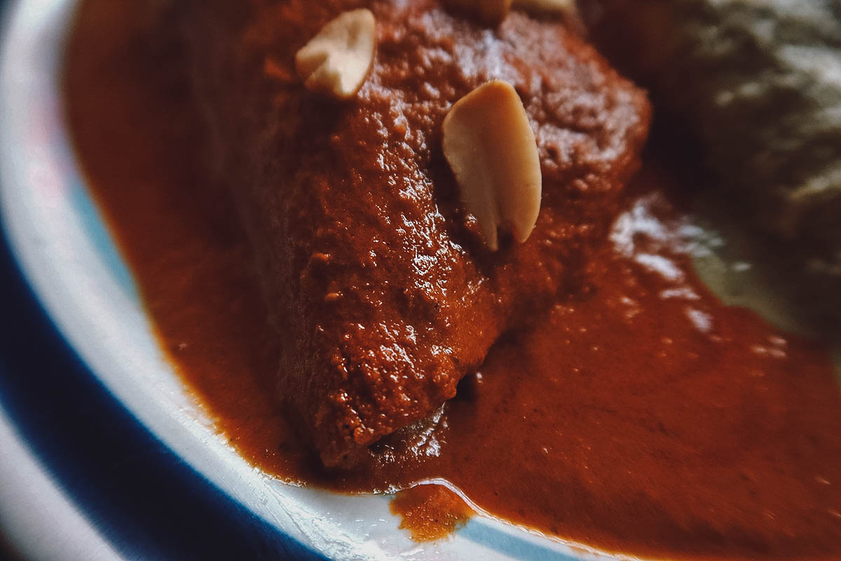 The Best Pipian in Puebla Pipian rojo topped with peanuts in Puebla